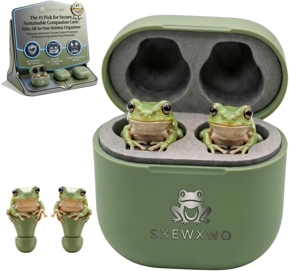Frog Earbuds Wireless Bluetooth Earphones Headphones Animal Shaped Everyday Turtle Tree Cute with Charging Case 3D Stereo Plugs Hippo Themed Pair Headphone Adorable Cartoon Ring Earrings (Frog Green)