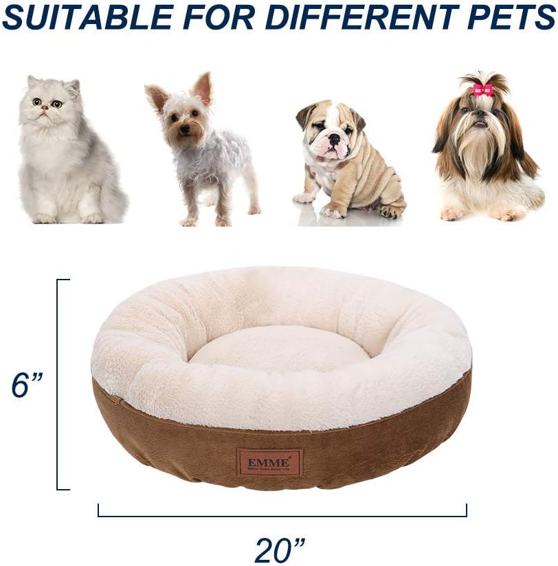 EMME Cat Bed Small Dog Beds Pet Bed for Cats and Small Dogs 20in Donut Cat Beds Dog Bed with Non-Slip Bottom Cozy, Warming and Machine Washable Cuddler Cushion Bed for Puppy Kitten and Pets (Brown)