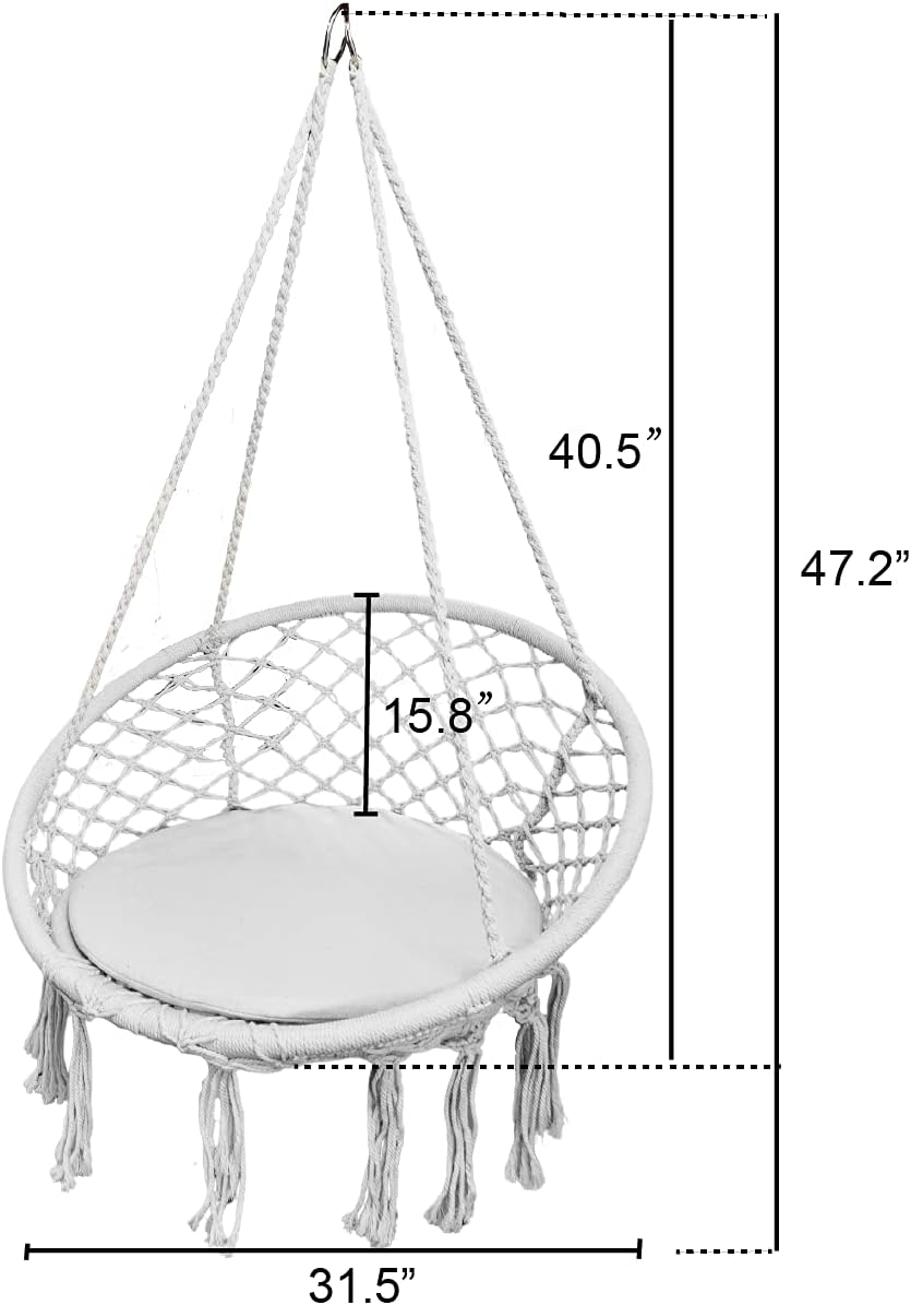 Generic Morocco Macrame Round Hammock Chair Swing Hanging Hammock Natural Cotton Rope Tassels Iron Hoop Net in Cream, with Seat Cushion and Hanging Hardware Kits, Ideal to Read or Meditate on., DD 003