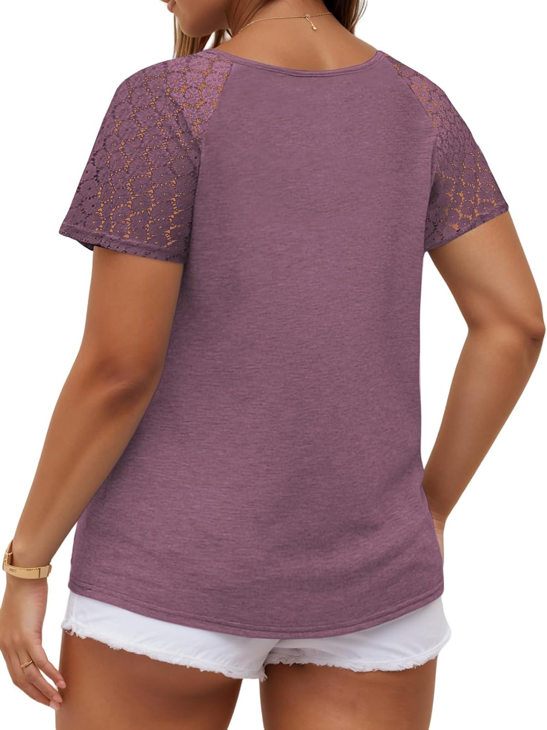 VISLILY Plus-Size-Womens-Summer-Tops Casual V-Neck T Shirts Raglan Lace Dotted Short Sleeve Tunics Cute Trendy Blouses XL-5XL - Image 4