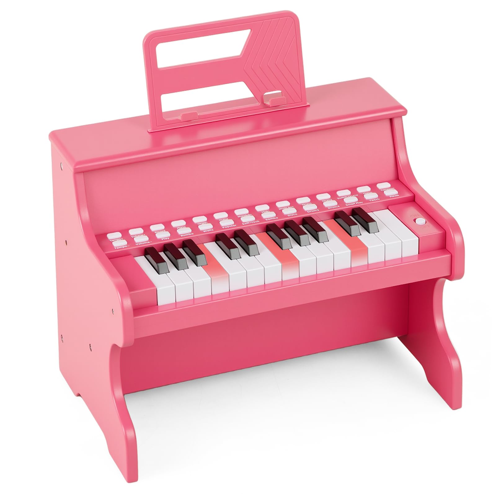 COSTWAY 25-Key Kids Piano, Wooden Toddler Toy Keyboard with Lighted Keys, Adjustable Speed & Volume, Teaching Mode, Music Stand, Educational Music Instrument for Boys Girls (Pink)