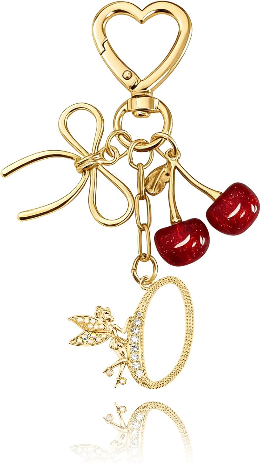 Initial Keychain with Bow and Cherry,Gold Letter Bag Charms for Women,Cute Purse Handbag Accessories