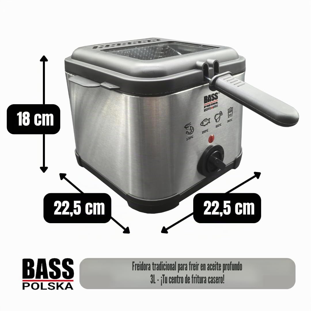 Bass Polska Freidora 3L, acero inoxidable, 2000 W, regulación de temperatura 60-190 °C, con ventana y cesta para freír