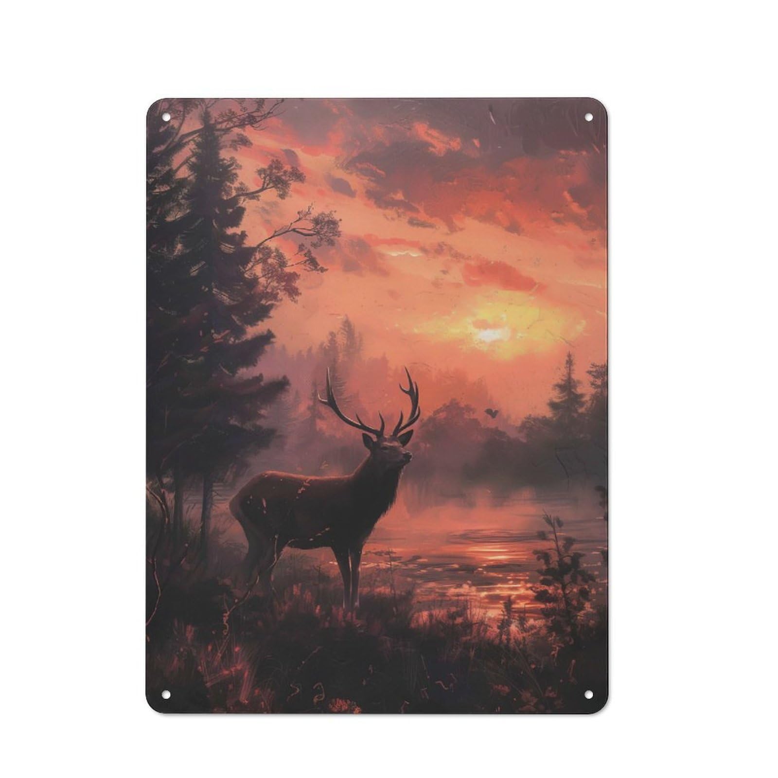 Junmoney Deer In Forest At Sunset Tin Wall Plaque 40X30cm With For Studio Or Craft Room, For Cooler-Season Styling In Studio And Craft Room