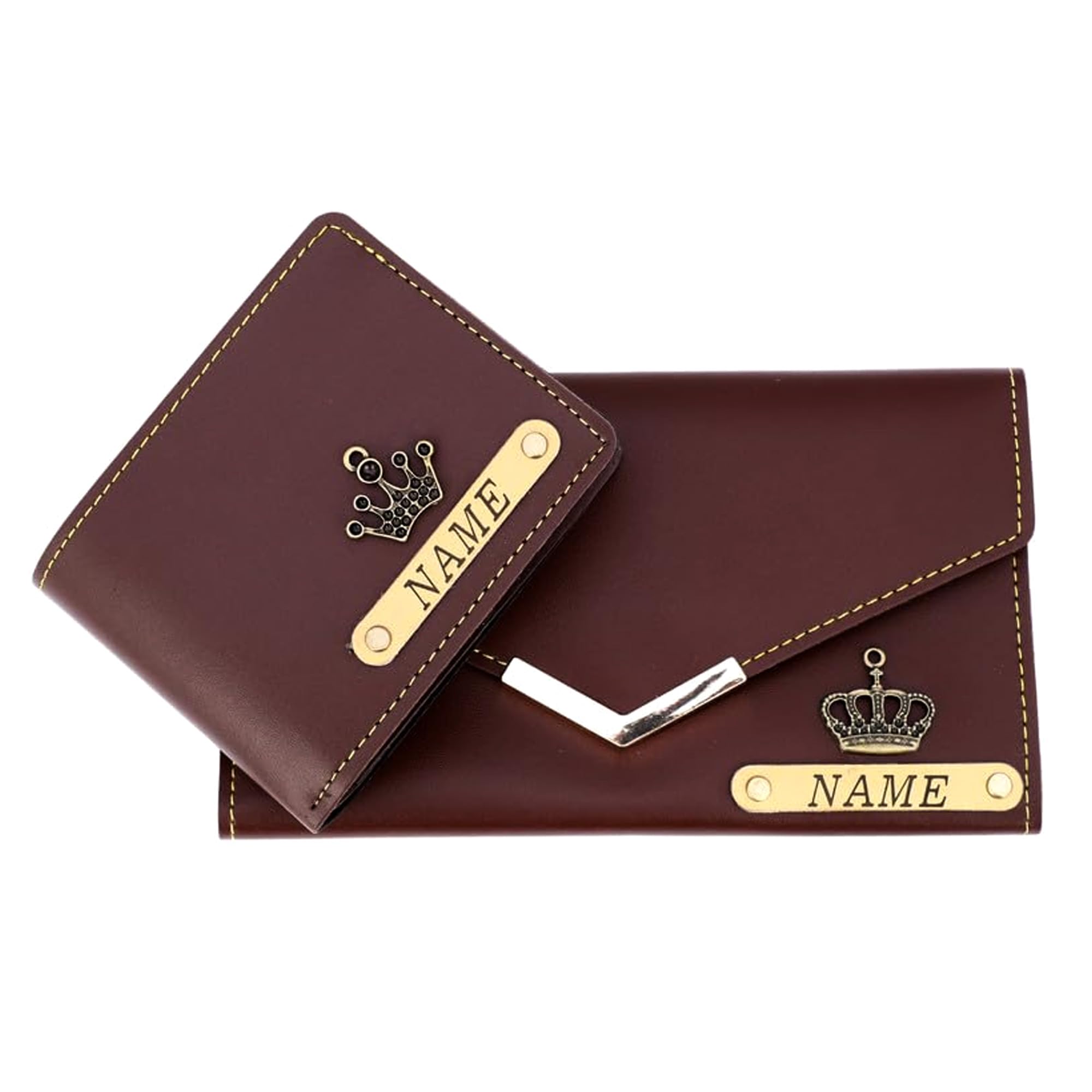 Personalized Name with Charm Couple Wallet for Men & Women Combo Gift Set - Marriage, Wedding, Anniversary Gift for Couples Friend Husband Wife [2pcs] (Brown)-image-20