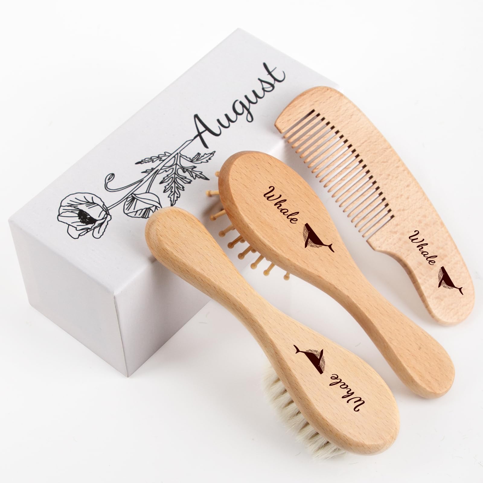 Personalized Baby Hair Brush & Comb Set with Soft Goat Bristles,Custom Laser Engraved Name,Newborn Grooming Kit with Birth Flower Gift Box (August)