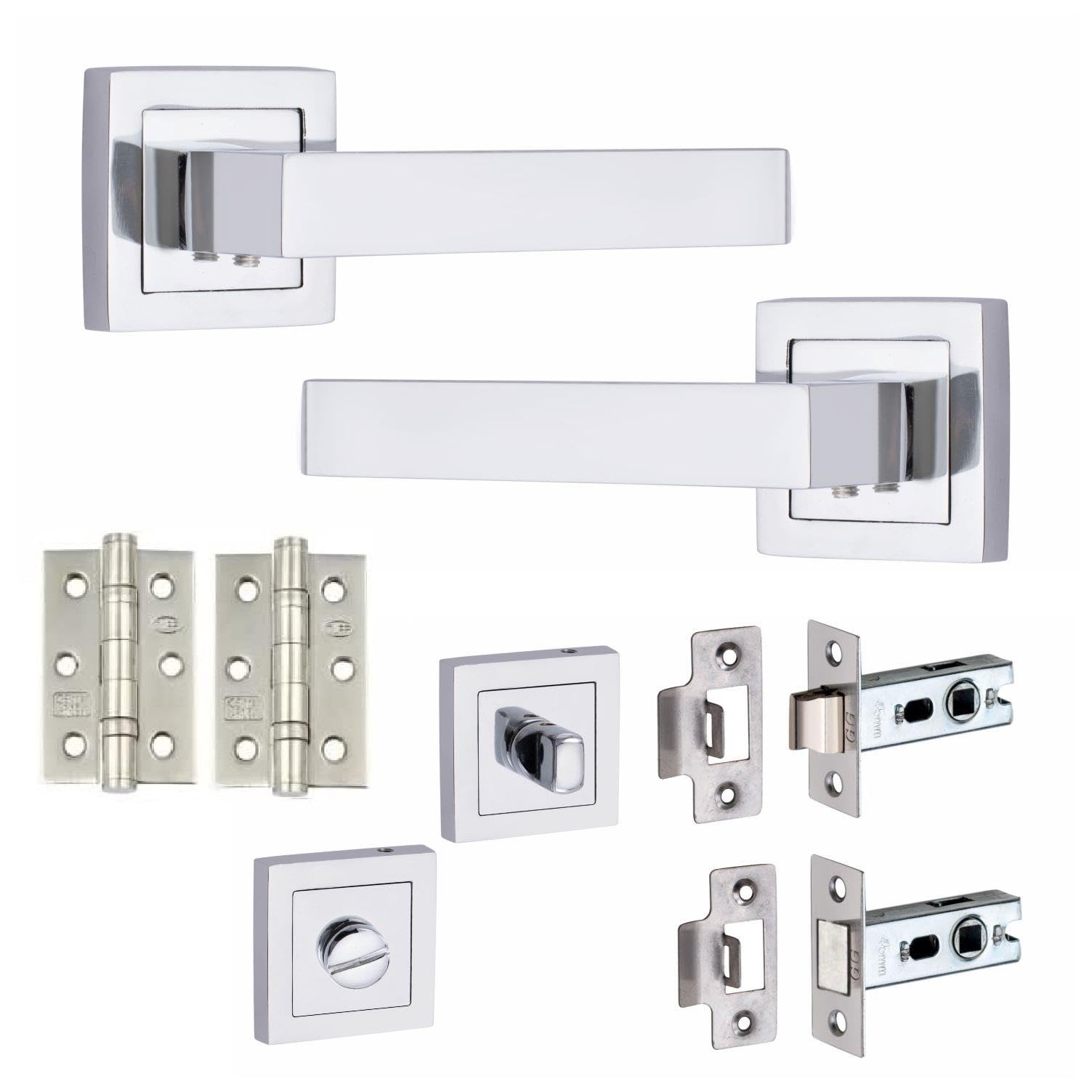 Golden Grace Delta Design Premium Bathroom Set Door Handles in Polished Chrome with Latch, Dead Bolt & Ball Bearing Hinges
