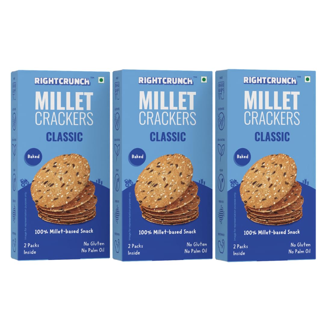 Rightcrunch Millet Crackers - Baked Snack, No Maida, No Palm Oil, Gluten-Free, No Artificial Flavours or Preservatives Pack of 3 – 300g (Pack of 3, Classic)