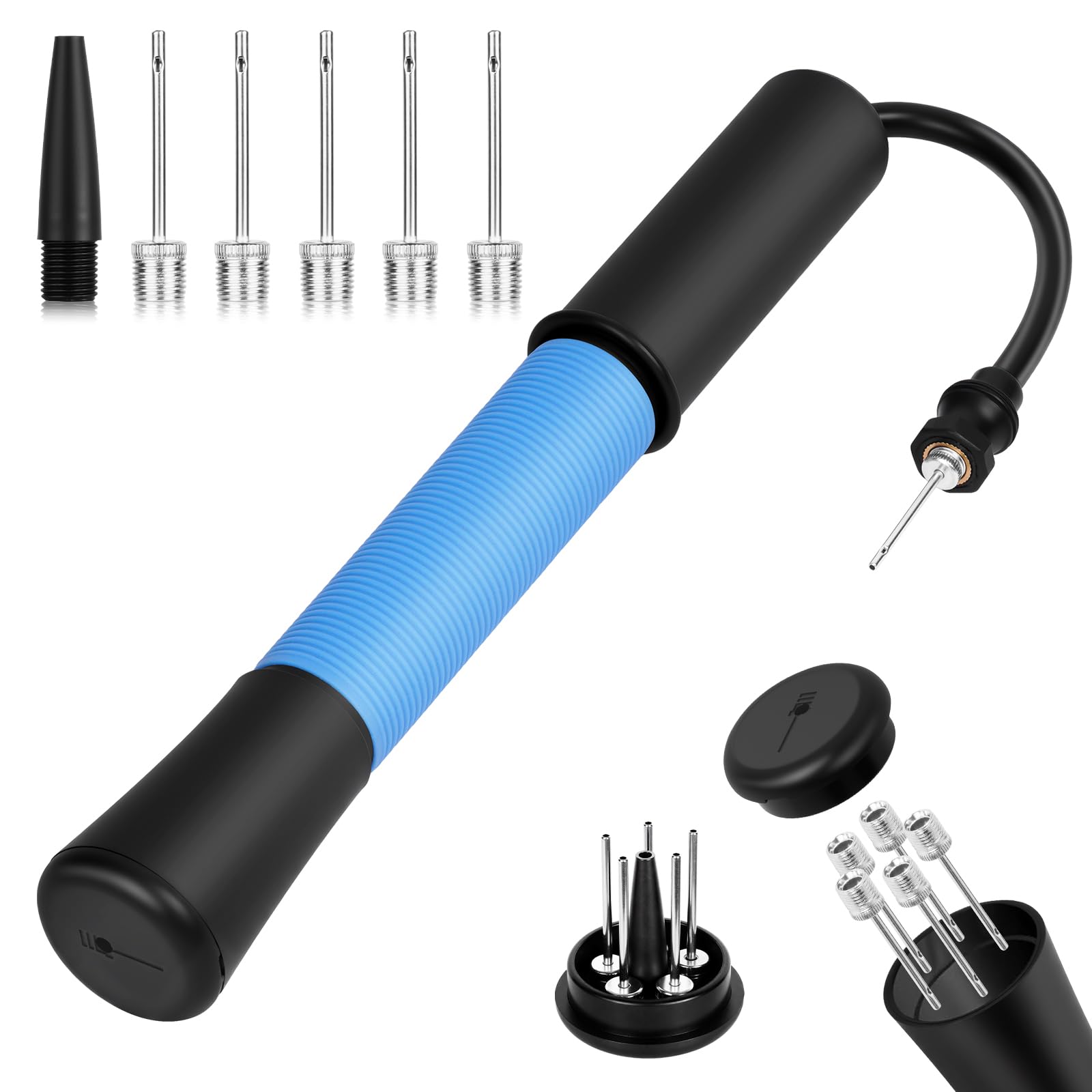 HOTUT Portable Ball Pump,Hand Inflation Pump,with Needle,Nozzle,Needle Storage,Air Pump Inflator Kit,Suitable for Football, Basketball, Volleyball, Balloon, Swimming Ring,Fast Air Inflator（Blue）