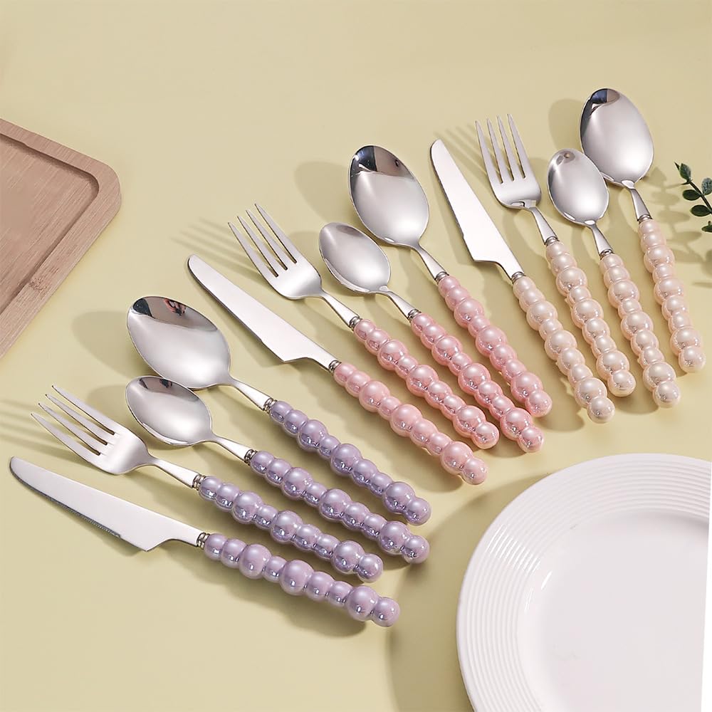 16 Pezzi Creativo Perla Manico In Ceramica Cucina Acciaio Inossidabile Argenteria Posate Posate Set Di Posate Per 4 Persone ， Creativo Hotel Casa Coltello Da Bistecca Cucchiaio Da Dessert (Bianco)
