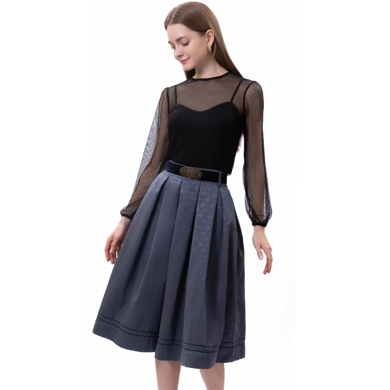 Trachtenröcke Damen Knielang Trachtenrock Damen Trachtenmode | Trachtenrock Blau/Grün Modern Röcke für Oktoberfest Größe 36-44(Ohne Dirndlbluse)