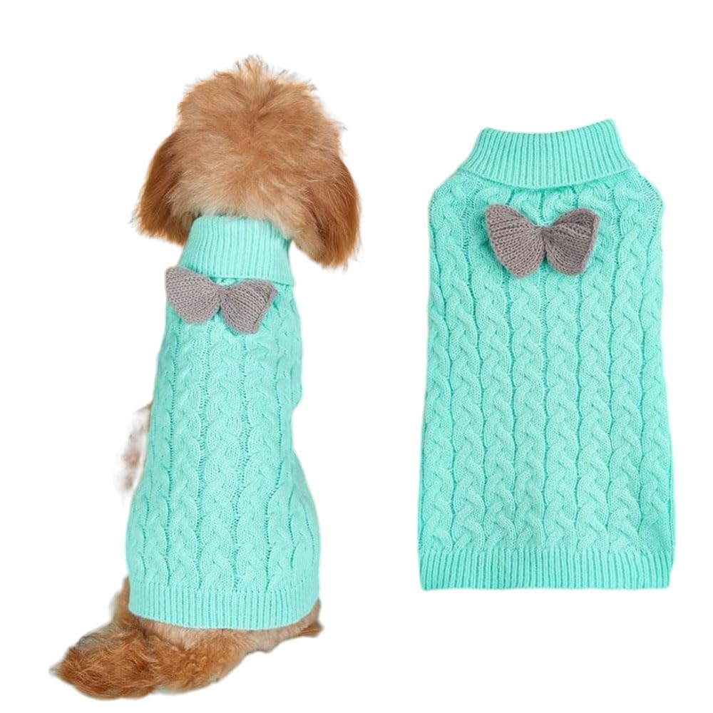 FANSU Small Dog Jumper, Solid Colours Soft Turtleneck Puppy Sweater with Bow Warm Winter Knit Dog Pullover Vest Coat for Small Medium Large Dogs and Cats (M,Mint green)