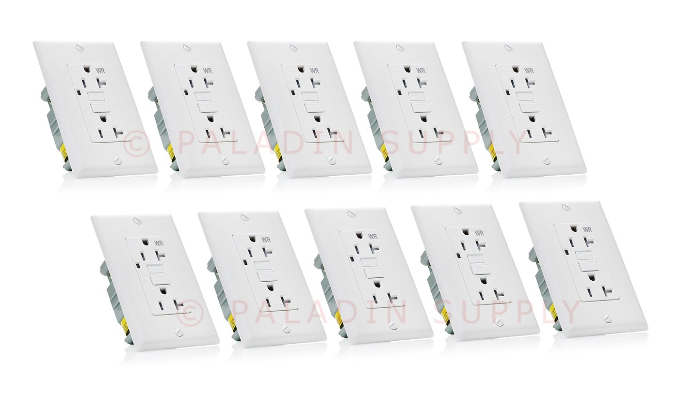 Paladin 20A Weather & Tamper Resistant GFCI GFI Receptacle Outlet w/Wallplate & LED Indicator - UL Certified, White, 20 Amp 125V (10 Pack)