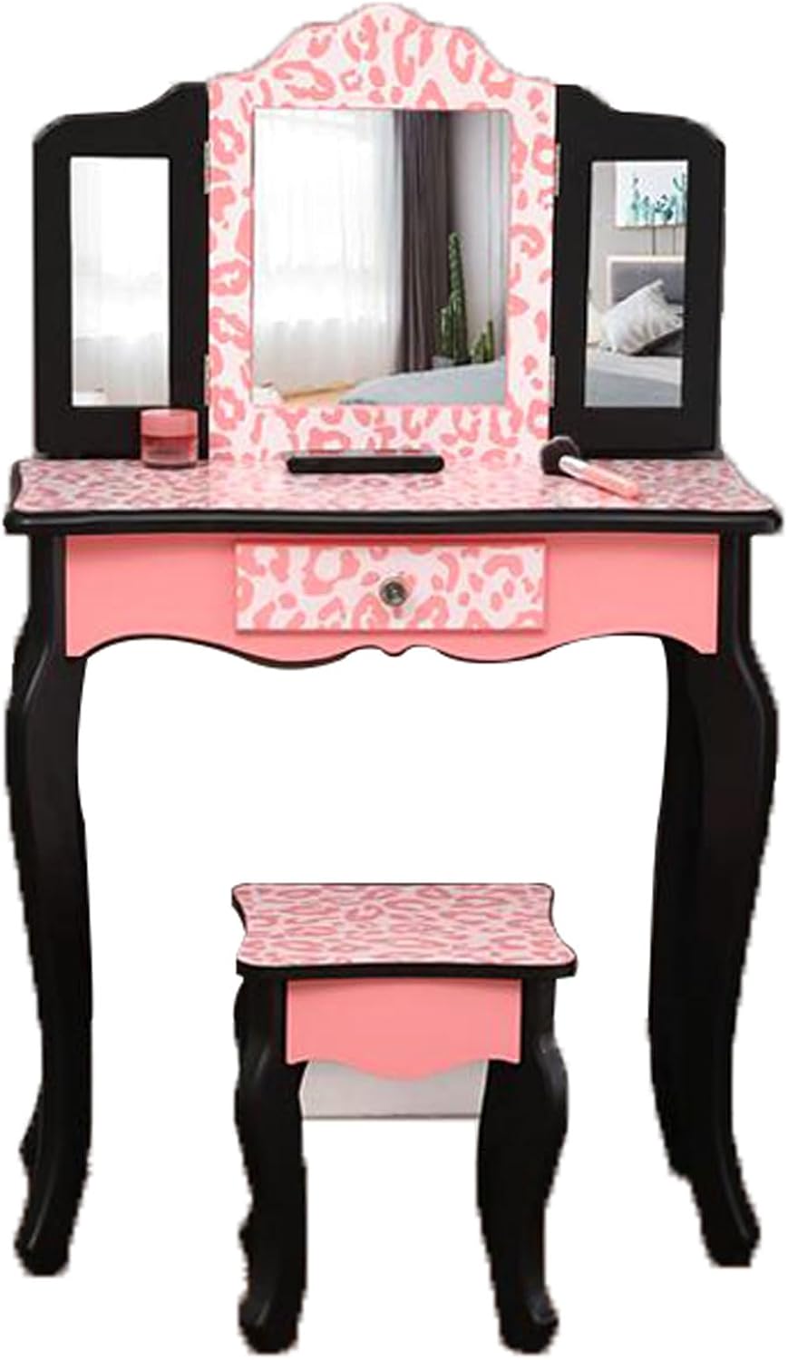 Vanity Desk with Triple Folding Mirror, Red Leopard Print Makeup Vanity Table with 1 Drawers and Soft Cushioned Stool, Modern Dressing Table with Arc Feet, Makeup Table for Women Girls Bedroom