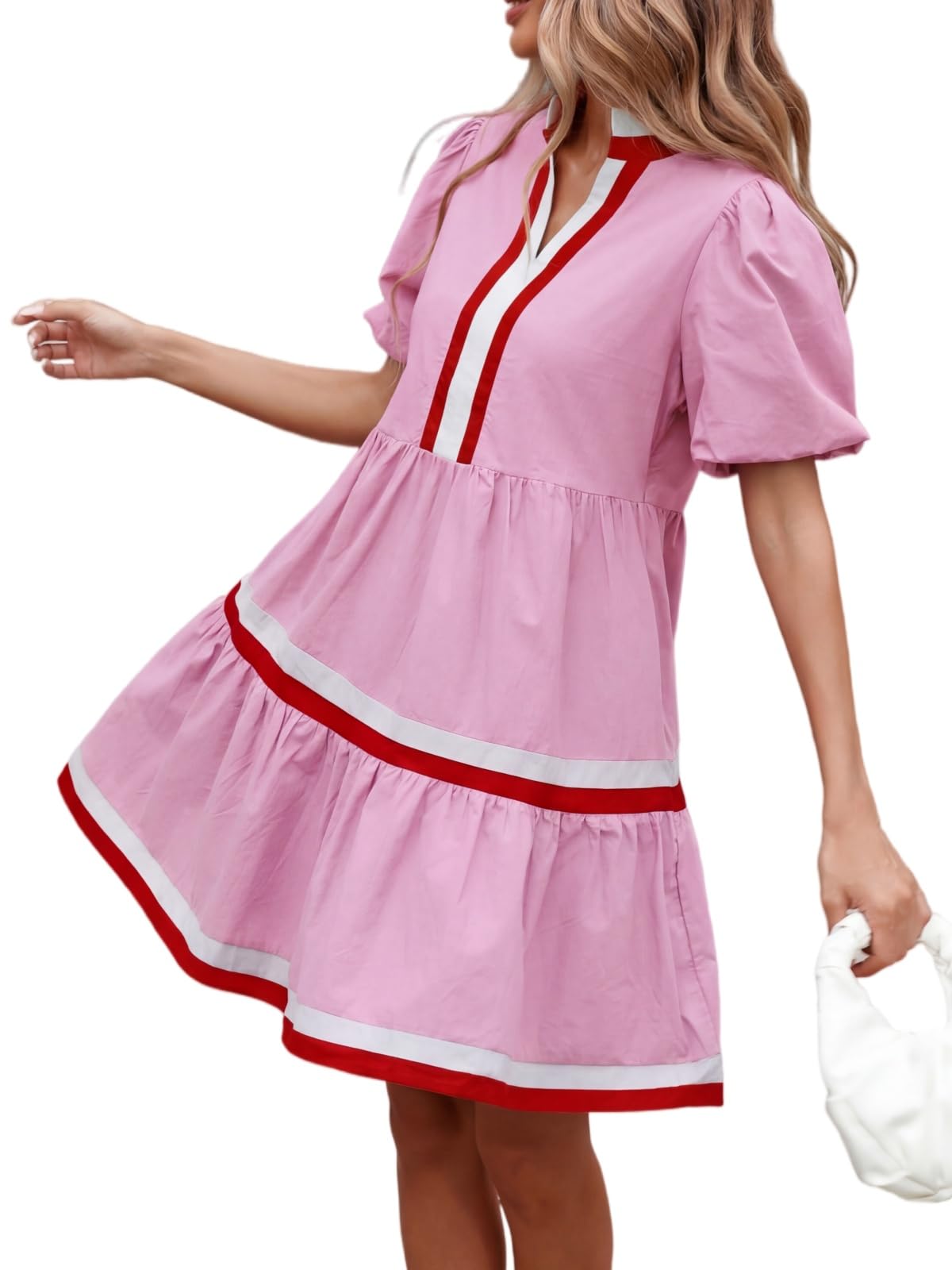 LifeShe Womens Puff Sleeve Babydoll Dress V Neck Navy Blue Striped Color Block Tiered Mini Dresses