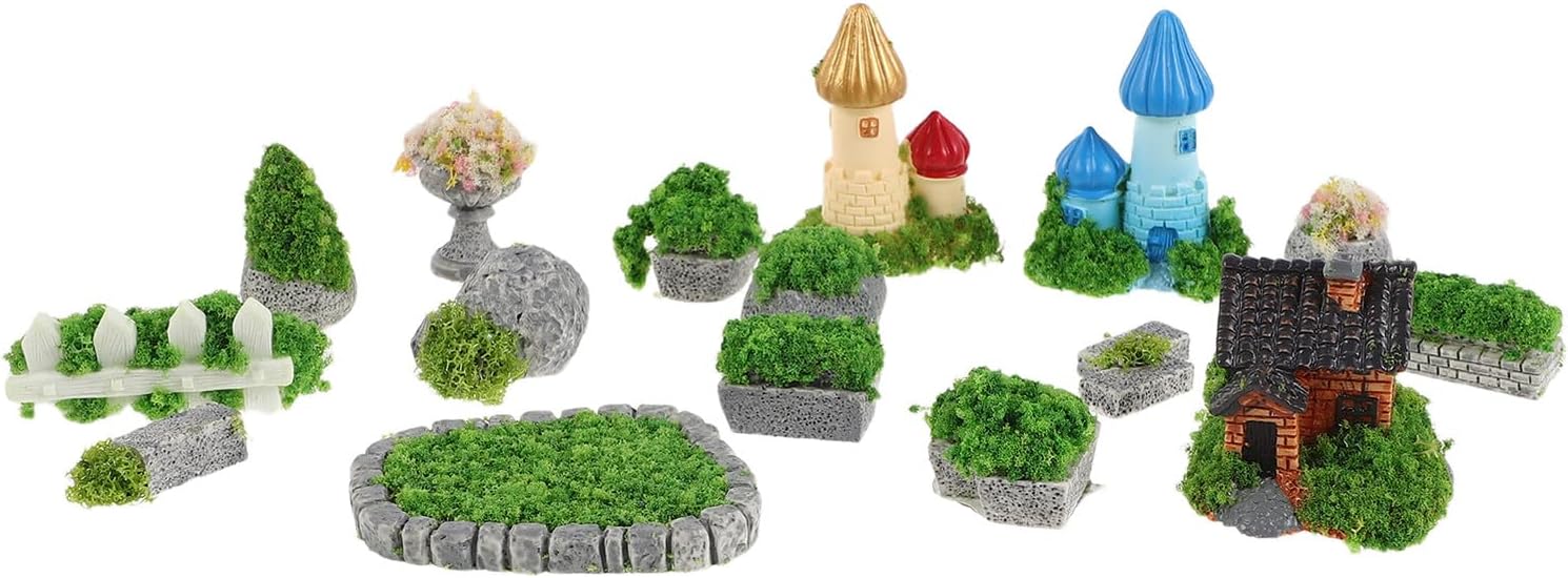 TOYANDONA 16pcs Miniature Garden Figurines Set Resin Fairy Garden Accessories with Mini Cottages and Bonsai Decorations Tiny Landscape Ornaments for Outdoor Patio