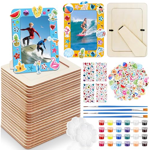 JOPHMO 24 Pack DIY Wood Picture Frames - 4 x 6 Unfinished Wooden Photo Frame with Beach Stickers Rhinestone Stickers Drawing Tools Summer Beach Theme Arts and Crafts Kit Birthday Party Favors