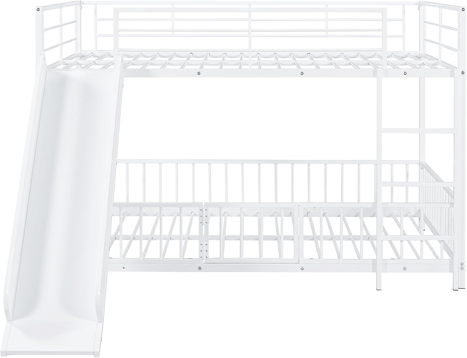 Angled view of the KLMM Full Over Full Metal Bunk Bed with Slide