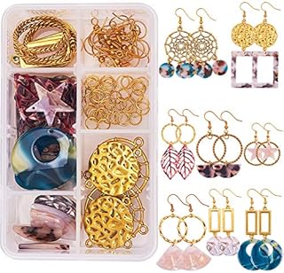 SUNNYCLUE DIY 8 Pairs Bohemia Resin Teardrop Star Square Round Leaf Earring Making Starter Kit with Alloy Chandelier Connector Supplies Women Adults Beginners