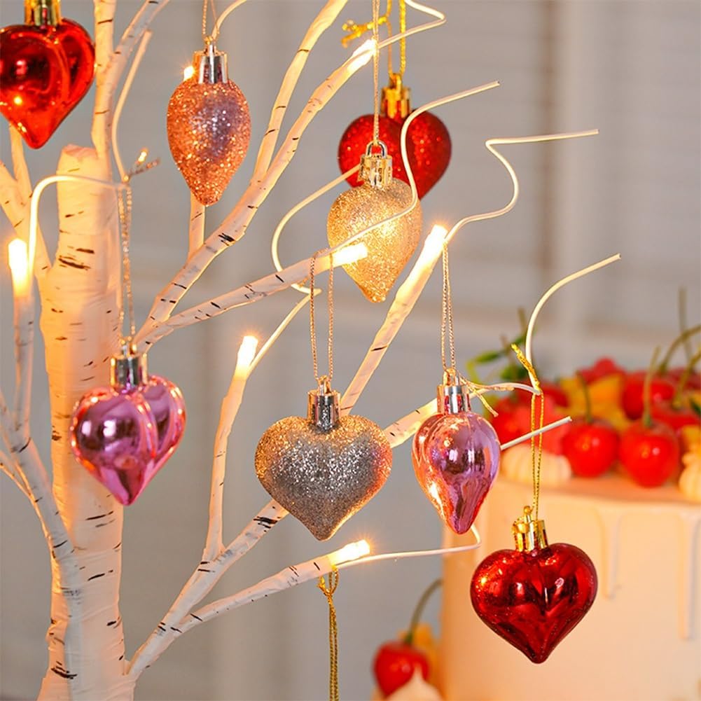 Valentines Day Decor Lighted Birch Tree With Heart Ornaments, Romantic Led Tabletop Birch Twig Tree Lamp, 24 Led Lights Hanging Hearts, Battery Powered Indoor Decor For Home Wedding Anniversary (2pcs)