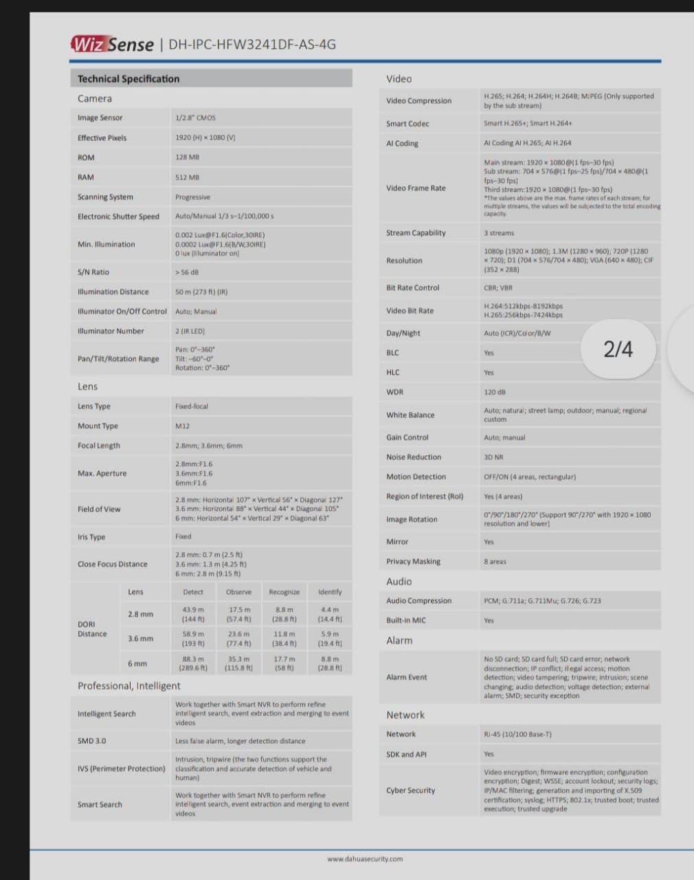 Dahua WizSense DH-IPC-HFW3241DF-AS-4G Datasheet Page 3