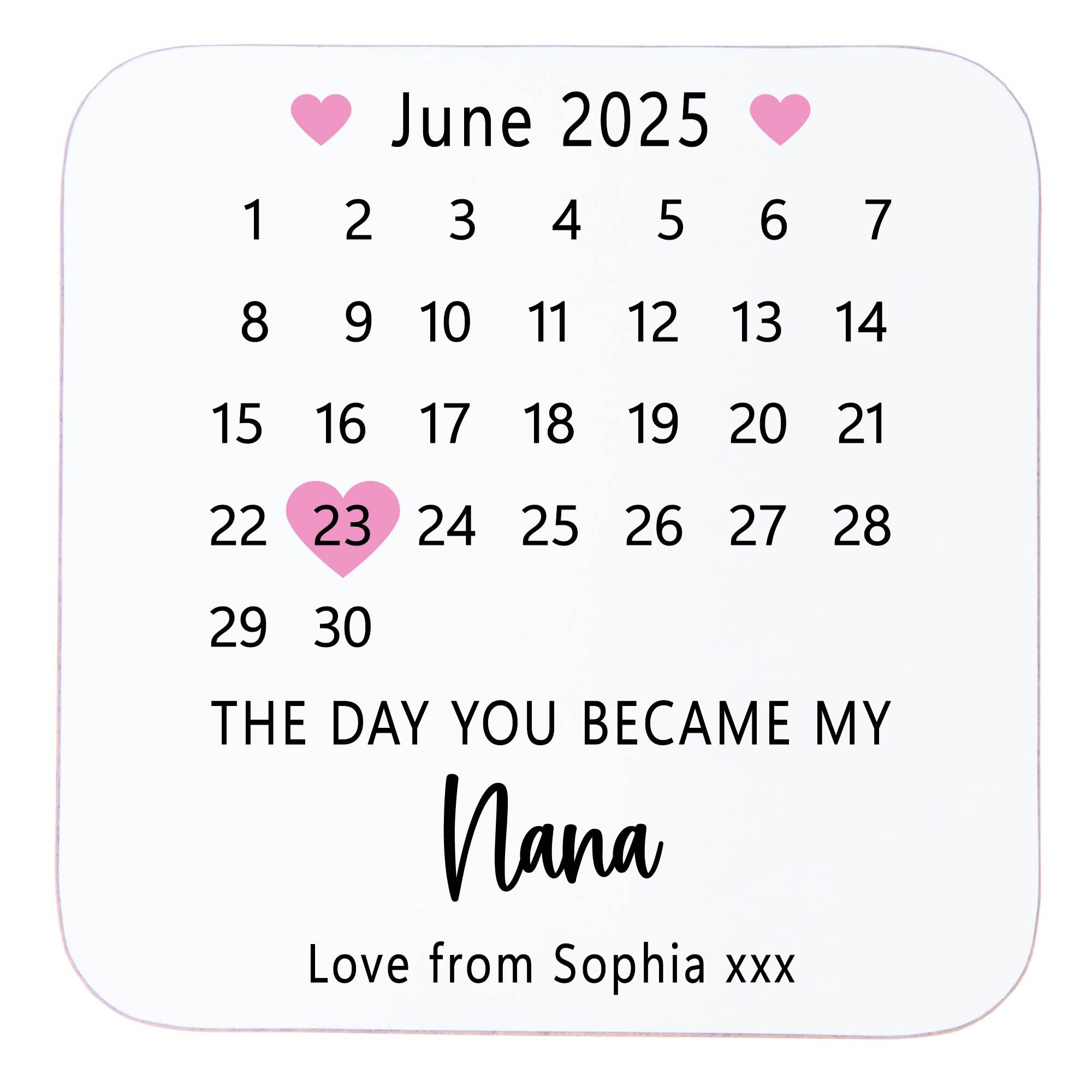 Personalised Wooden Coaster Gift | The Day You Became My Nana Drinks Mat with Date & Love From Message