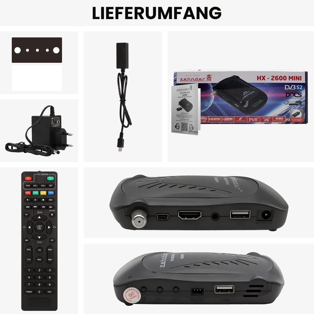 Zehnder HX 2600 Mini Digital Sat Receiver HD fähig mit Aufnahmefunktion HDMI lernbare Fernbedienung