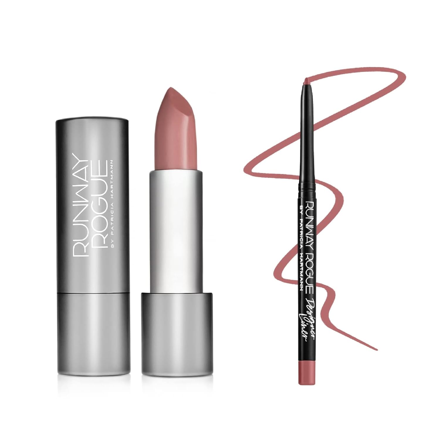 Runway Rogue ‘Booked Out’ Matte Nude and Rose 90s Vibe Lipstick Bundle with ‘A List’ Soft Pink Mauve Designer Liner Lip Liner Pencil and Sharpener