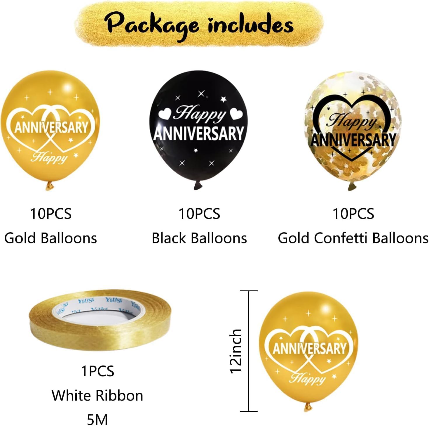 Happy Anniversary Decorations Kit, Black Gold Wedding Anniversary Party Supplies - Large Happy Anniversary Banner, Backdrop, Latex Confetti Balloons，Table Centerpieces, Hanging Swirl, Paper Pompoms D