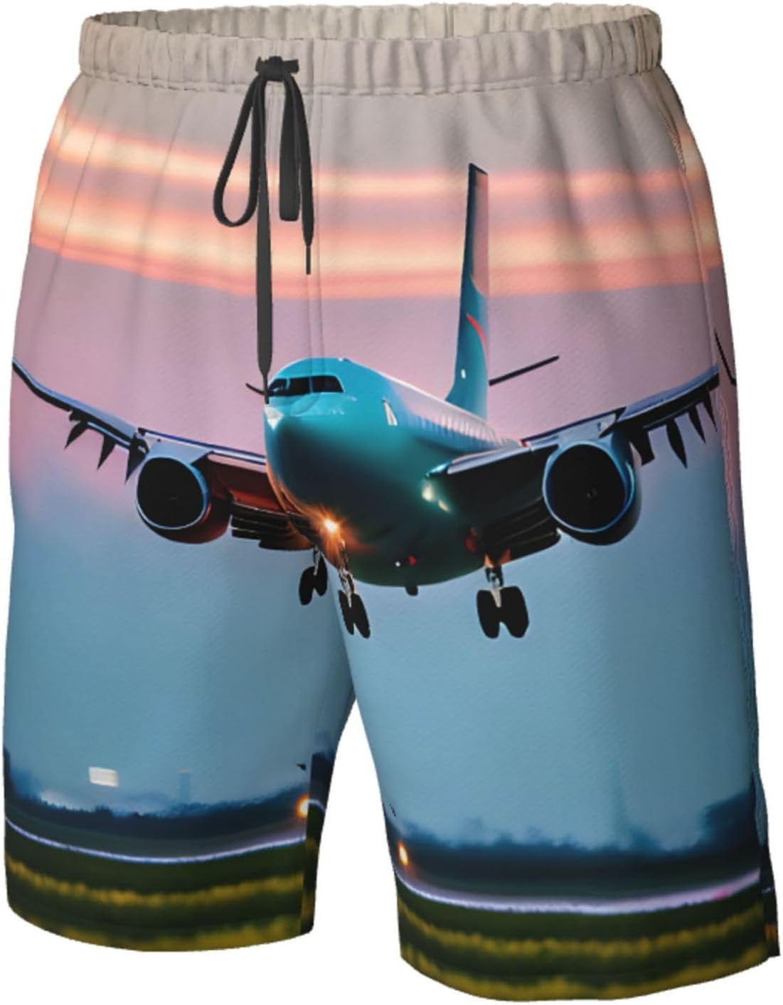 Airplane in The Evening Lights Print Mens Casual Shorts Drawstring Summer Beach Stretch Shorts Novelty Swimtrunks