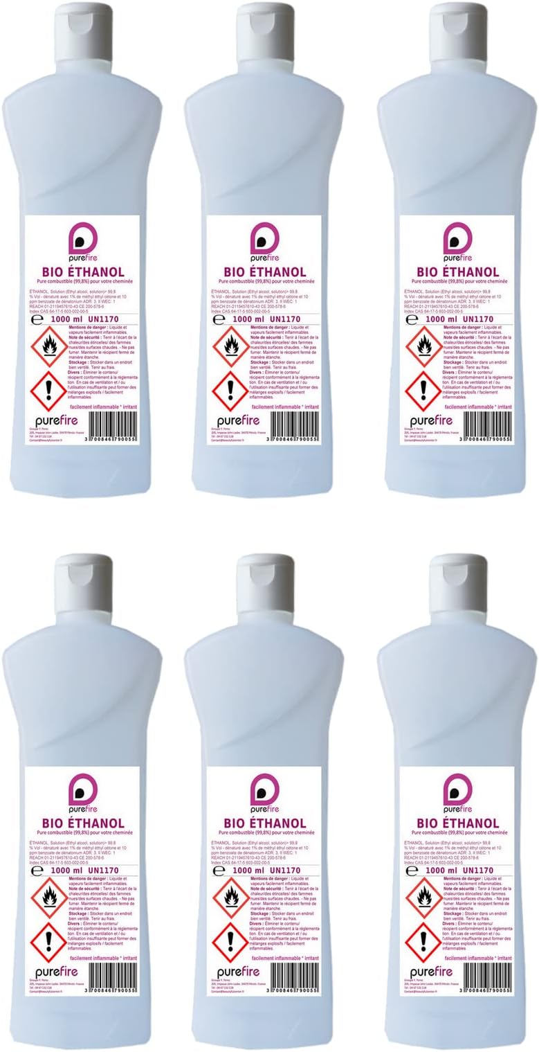 6 Litre Bio Ethanol Fuel High Performance Pure 99.8% for Fireplace or Outdoor, PUREFIRE, 6 x 1 liter
