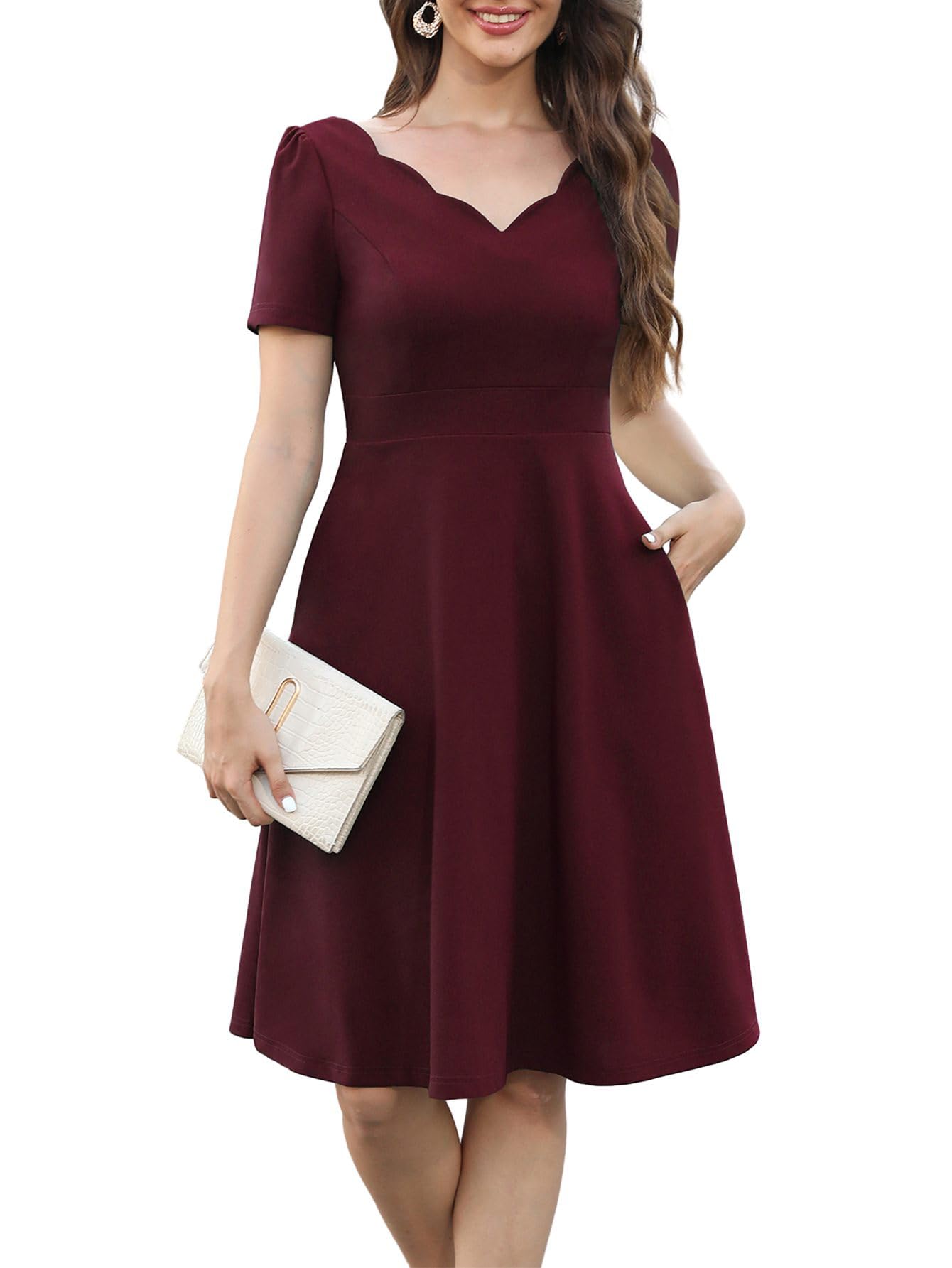 Womens Elegant Vintage 50s Scallop Trim V-Neck Casual Work Dress Swing A Line Cocktail Party Dresses with Pockets