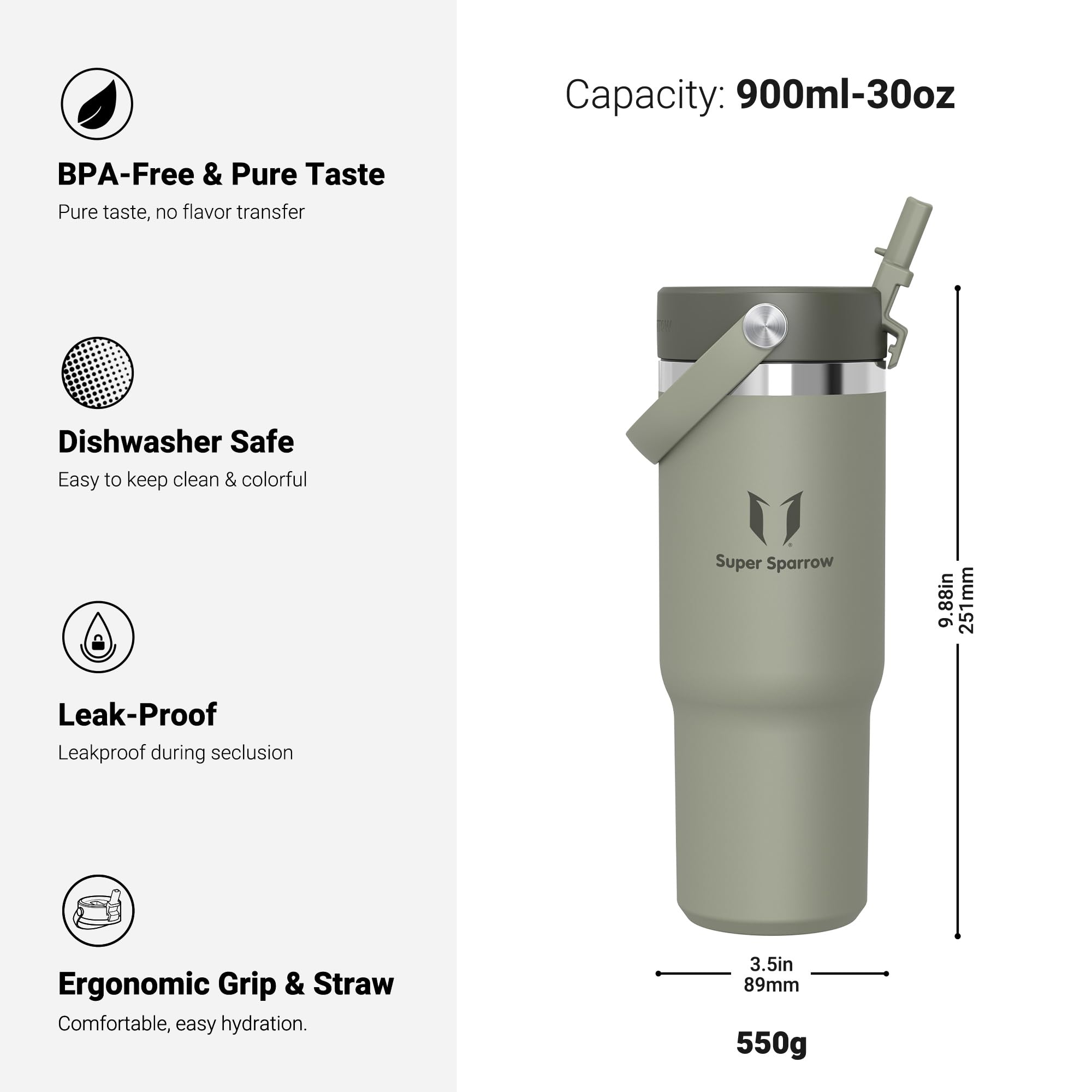 Sparrow Borraccia Termica 900ml - Twistpath Borracce con Tappo Flex con Cannuccia - Senza BPA & Perdite Bottiglia Acqua - Inox Borracce Termiche Per Portabevande - Ideale Per Casa, Ufficio O Auto