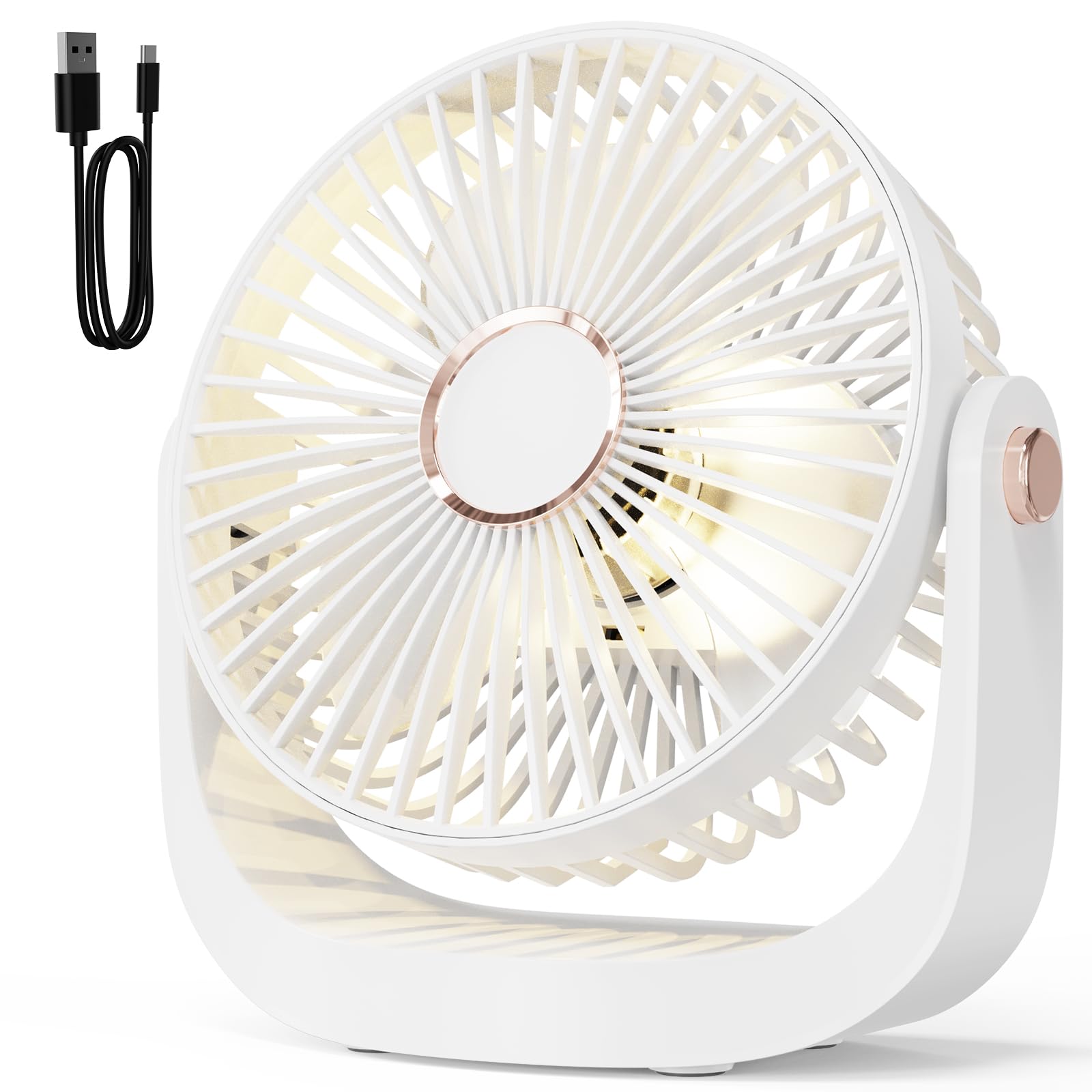 Ventilador de Mesa Portátil Silencioso con Luz Nocturna, Recargable USB 3000mAh, 5 Velocidades, Ajustable 360° para Oficina y Dormitorio y Constituir,Blanco