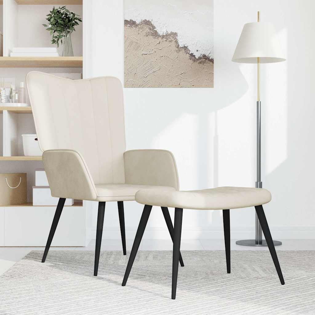 Poltrona relax con sgabello, in velluto, colore bianco crema, con struttura in acciaio, moderna poltrona relax con poggiapiedi, poltrona singola imbottita per soggiorno e camera da letto