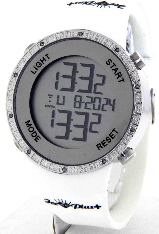 Ice Plus Mens Digital Diamond Watch Silver Case White Band GU4