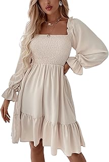 Women's Square Neck Lantern Long Sleeve Ruffle Shirred Flowy Party Mini Dress - Buy now