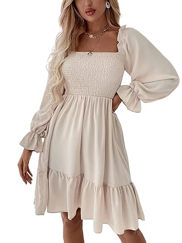 LYANER Women's Square Neck Lantern Long Sleeve Shirred Ruffle A