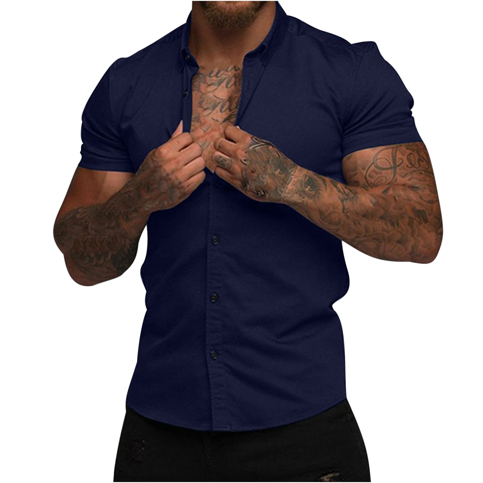Shirts for Men Short Sleeve T-Shirt Button Down Lapel Tops Plain Business Shirt Mens Casual Comfy Regular Fit T Shirts Workwear Gym Tee