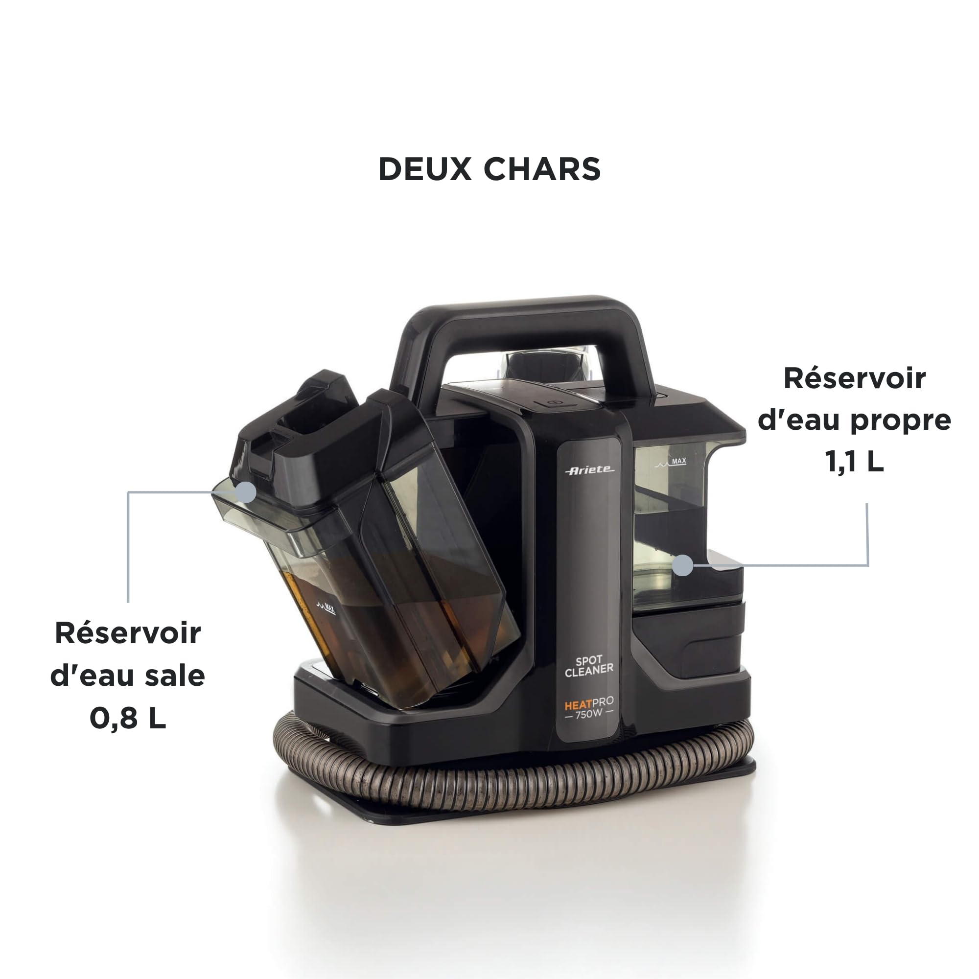 Ariete 2482 Spot Cleaner Heat Pro 750W, Shampouineuse Canapé avec Double Réservoirde de Tapis Portable, Matelas, Tissus d'Ameublement et Textiles, Élimine les Taches Tenaces, Câble de 5 m, Noir