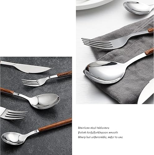 Miniatura 9 de Juego de cubiertos de madera para 6 cubiertos de acero inoxidable de alta calidad, juego de 30 piezas de cubiertos de madera, incluye cuchillos,