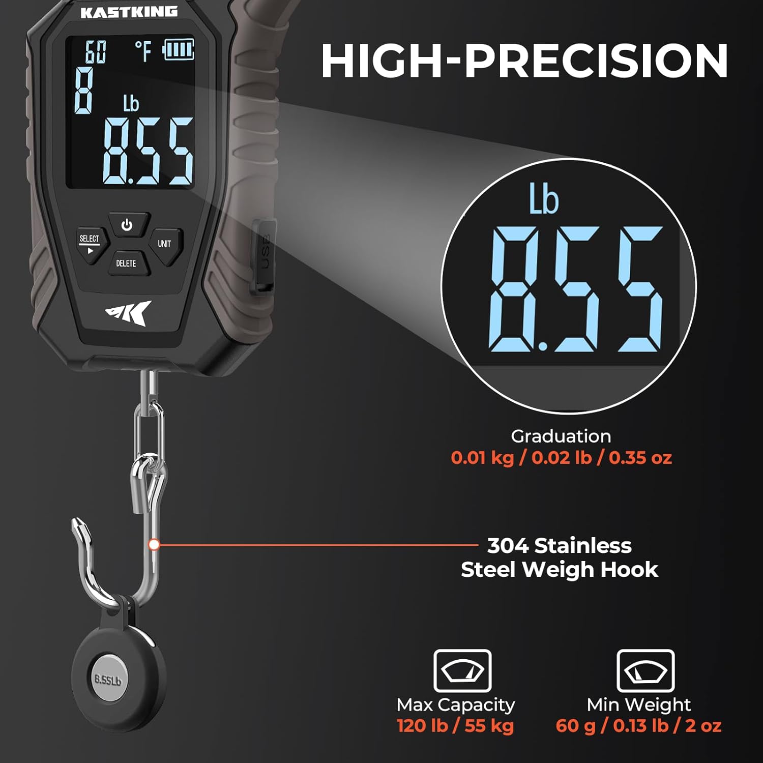 KastKing Weighmaster Mechanical-Digital Fishing Scale, 120 lb Capacity, 2.5" Backlit Display, High-Precision Sensor, 9 Weight Memory, Temperature Detection, IPX6 Waterproof, Fishing Gifts