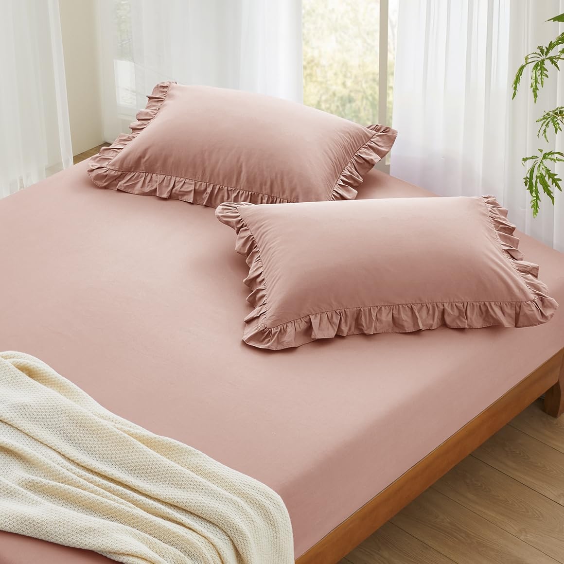 Entisn Pure Cotton Ruffle Fitted Sheet and Pillowcase Set of 3, 400 Thread Count Queen Cotton Fitted Sheet Set, Fits Mattress Up to 15 Inch Deep, Fully Elastic Breathable Bottom Sheets (Dusty Pink)