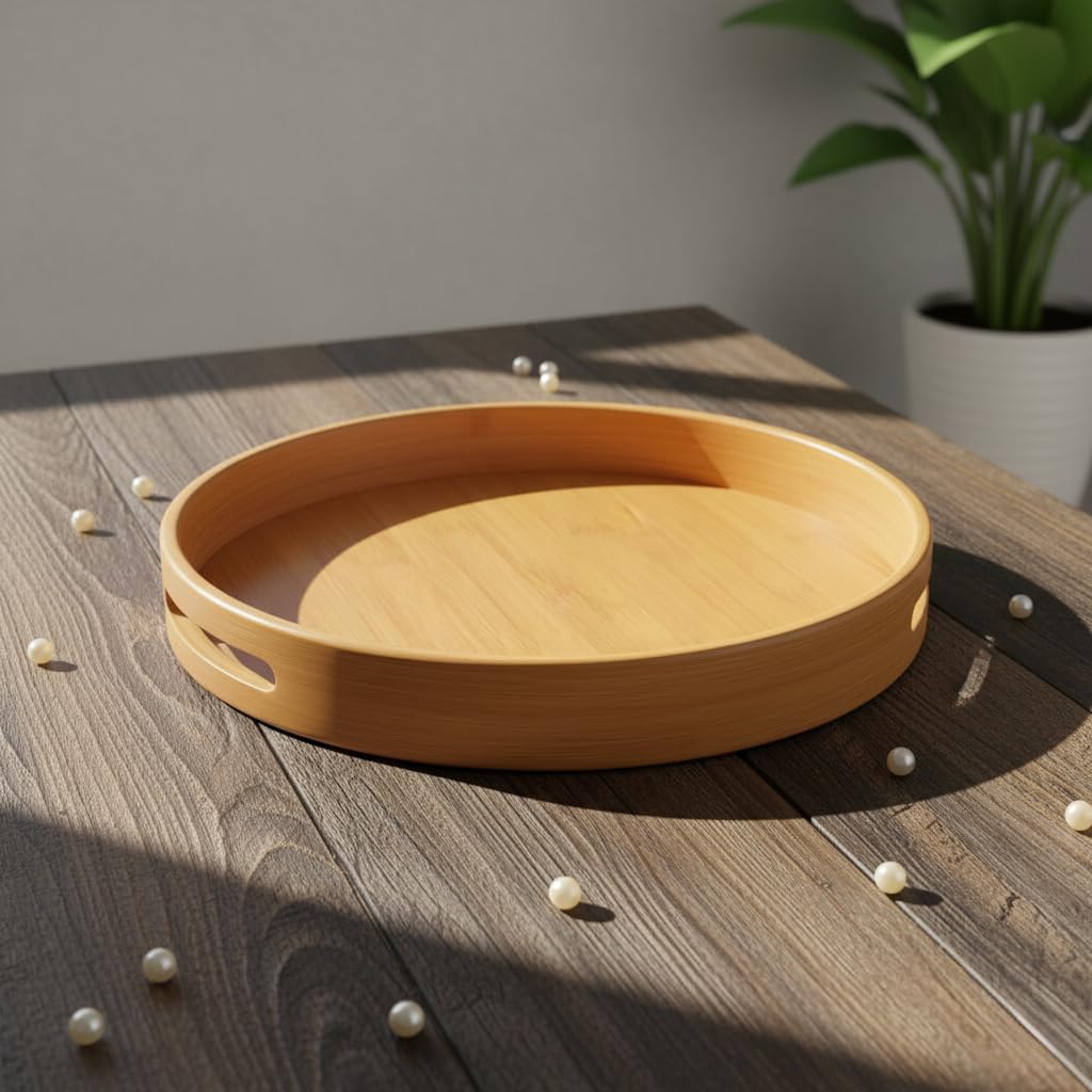 Deconox Taşıma Kulplu Yuvarlak Bambu Tepsi (30 cm) | Doğal Ahşap Servis Tepsisi | Kahve, Kahvaltı ve Dekoratif Masaüstü Organizeri