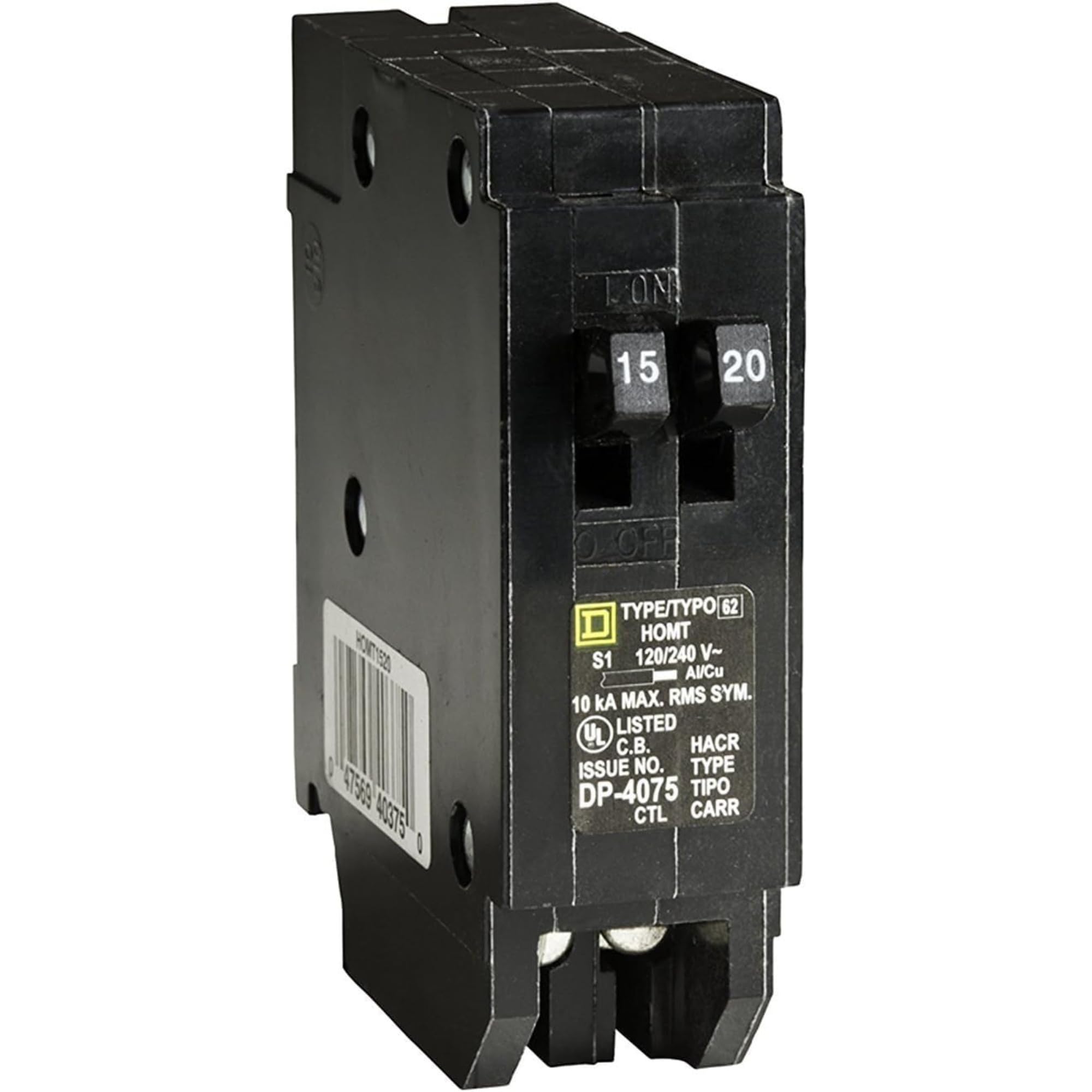 Square D by Schneider Electric Homeline 15 Amp and 20 AmpTandem Circuit Breaker, 120/240VAC, 10kA Breaking Capacity, Plug in Mount, Standard Type, Residential Use (‎HOMT1520CP)
