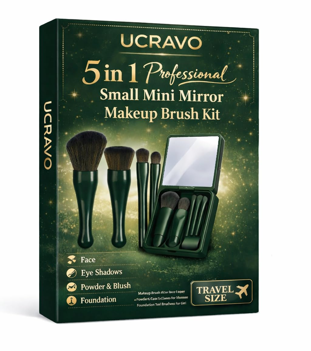 UCRAVO Makeup Brushes 5Pcs Mini Travel Set – Foundation Brush, Eyeshadow Brush, Powder & Blending Brushes, Compact Professional Makeup Brush Kit for Travel, Purse & Everyday Use