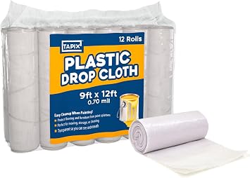 Plastic Sheeting 10 x 25 Long, 6 Mil Polyethylene Film & 12 Pack of Painters Plastic Drop Cloth 9x12 Feet.