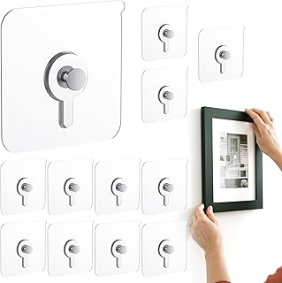 12 Pcs Picture Hangers without Nails, 30 Ibs Load Heavy Duty Self Picture Hanging Hooks for Hanging, Waterproof Adhesive Picture Hooks for Bathroom Kitchen, Transparent Sticky Hooks for Frames