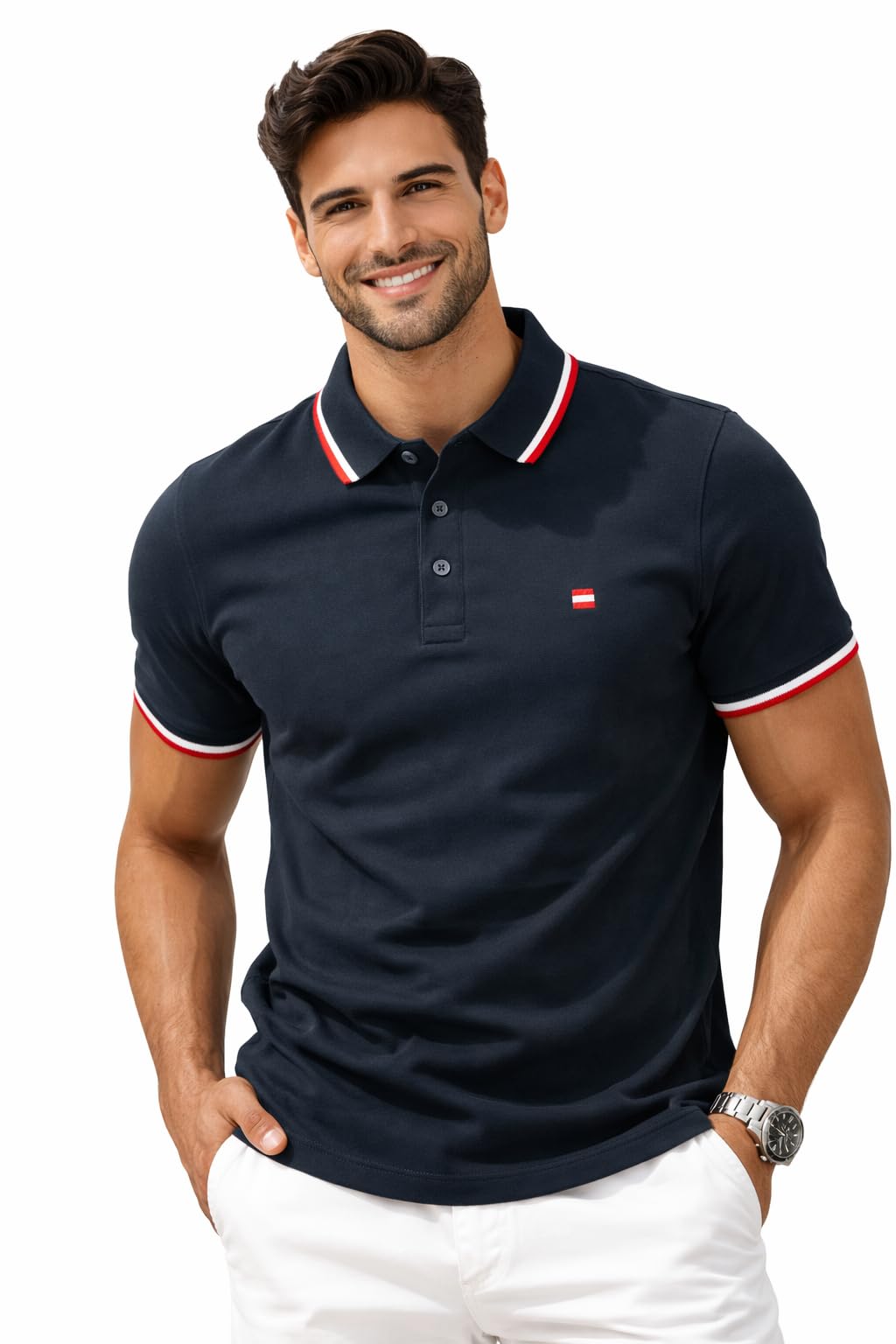 hustlex Men's Polo T-Shirt with Red and White Tipped Collar, Short Sleeve-picture-12