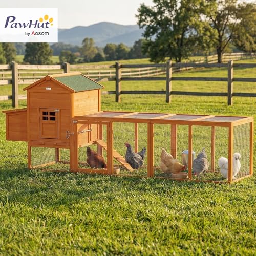 Image of PawHut 118 inch Extra Large Chicken Coop with Asphalt Roof, Wooden Hen Run with Slide-Out Tray and Nesting Box, Chicken Hutch for 3-6 Chickens, Orange